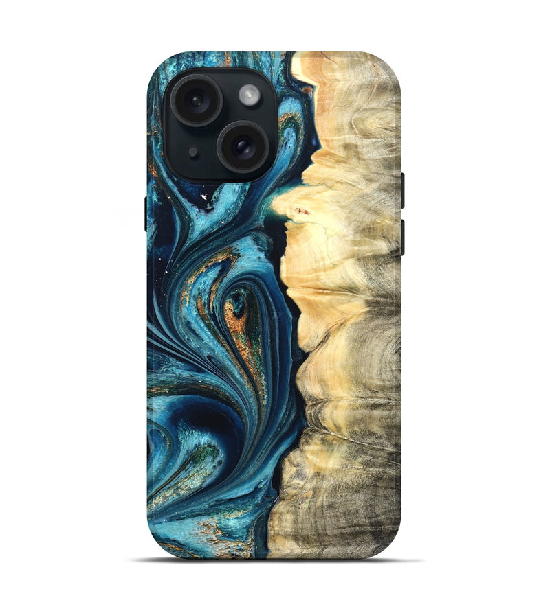 iPhone 15 Wood Live Edge Phone Case - Sudie (Teal & Gold, 822166)