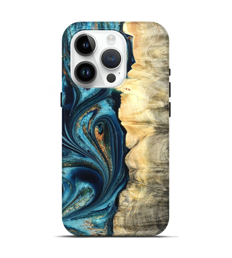 iPhone 15 Pro Wood Live Edge Phone Case - Sudie (Teal & Gold, 822166)