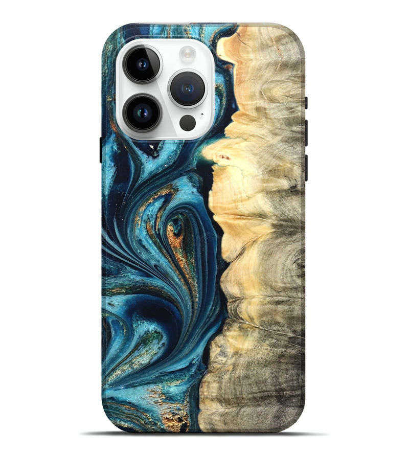 iPhone 15 Pro Max Wood Live Edge Phone Case - Sudie (Teal & Gold, 822166)