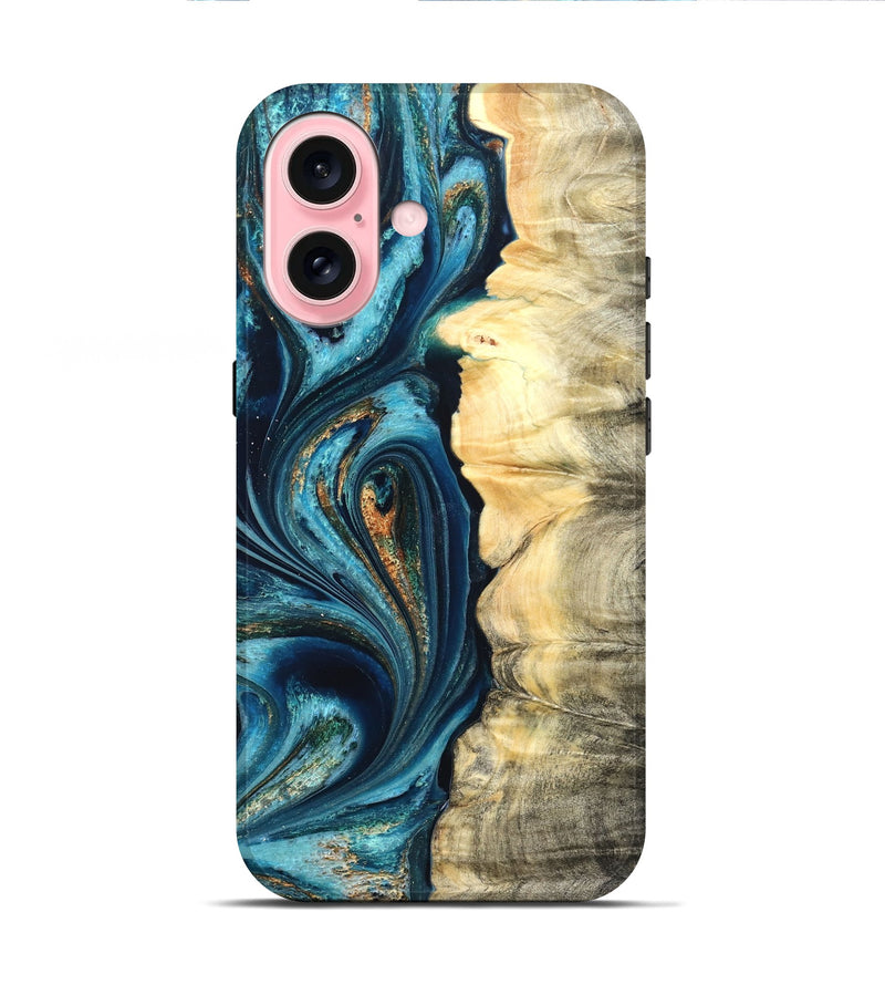 iPhone 16 Wood Live Edge Phone Case - Sudie (Teal & Gold, 822166)