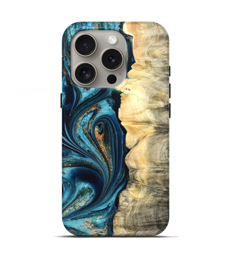 iPhone 16 Pro Wood Live Edge Phone Case - Sudie (Teal & Gold, 822166)