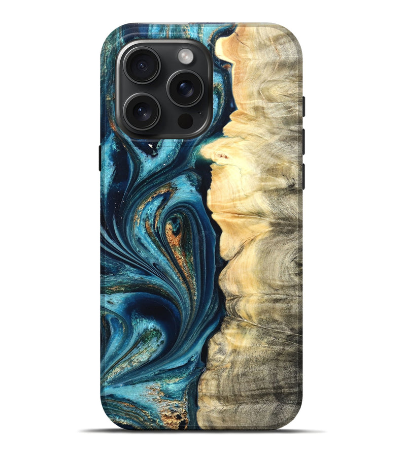 iPhone 16 Pro Max Wood Live Edge Phone Case - Sudie (Teal & Gold, 822166)