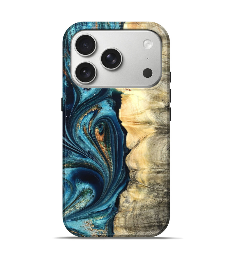 iPhone 17 Pro Wood Live Edge Phone Case - Sudie (Teal & Gold, 822166)
