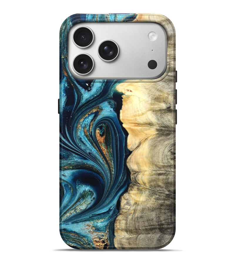iPhone 17 Pro Max Wood Live Edge Phone Case - Sudie (Teal & Gold, 822166)