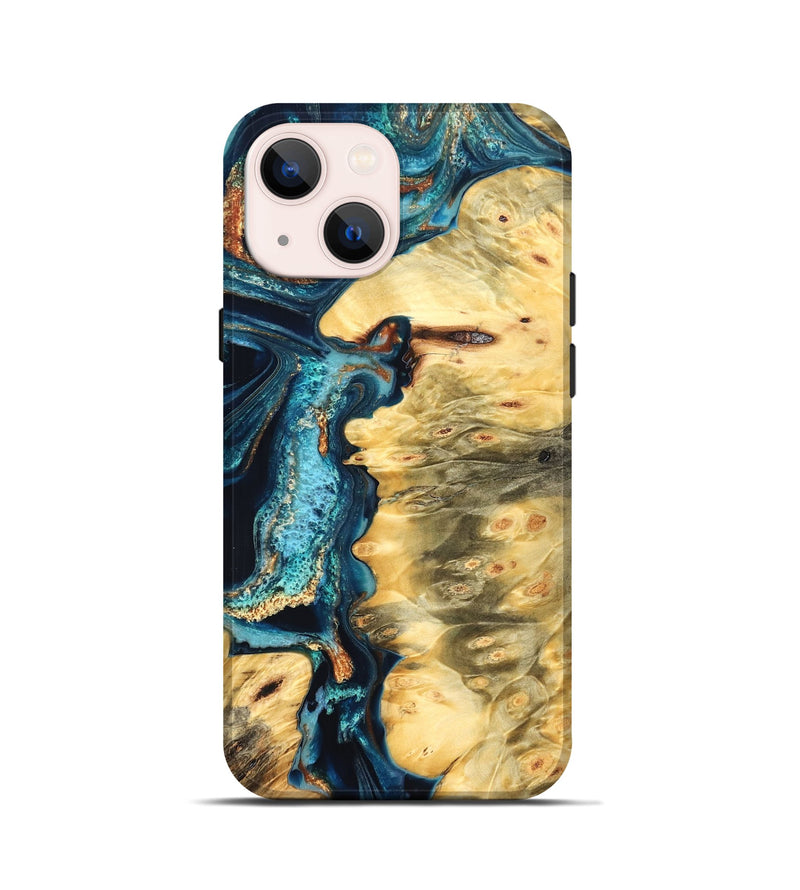 iPhone 13 mini Wood Live Edge Phone Case - Zaiden (Teal & Gold, 822167)