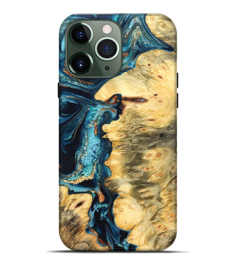 iPhone 13 Pro Max Wood Live Edge Phone Case - Zaiden (Teal & Gold, 822167)