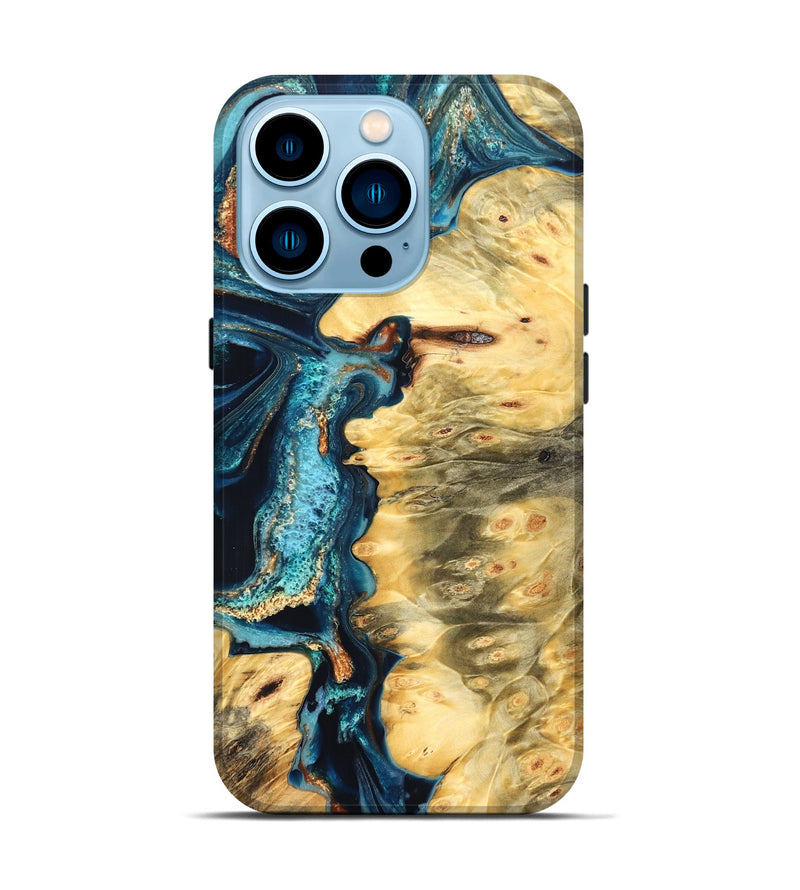 iPhone 14 Pro Wood Live Edge Phone Case - Zaiden (Teal & Gold, 822167)