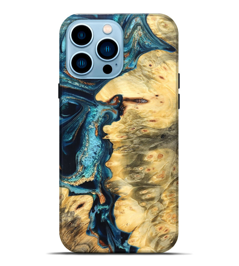 iPhone 14 Pro Max Wood Live Edge Phone Case - Zaiden (Teal & Gold, 822167)