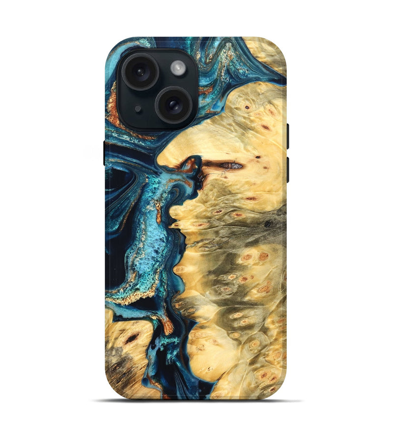 iPhone 15 Wood Live Edge Phone Case - Zaiden (Teal & Gold, 822167)