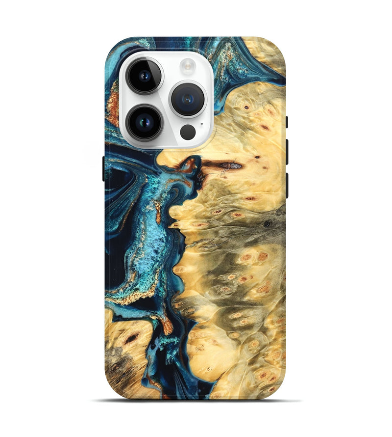 iPhone 15 Pro Wood Live Edge Phone Case - Zaiden (Teal & Gold, 822167)