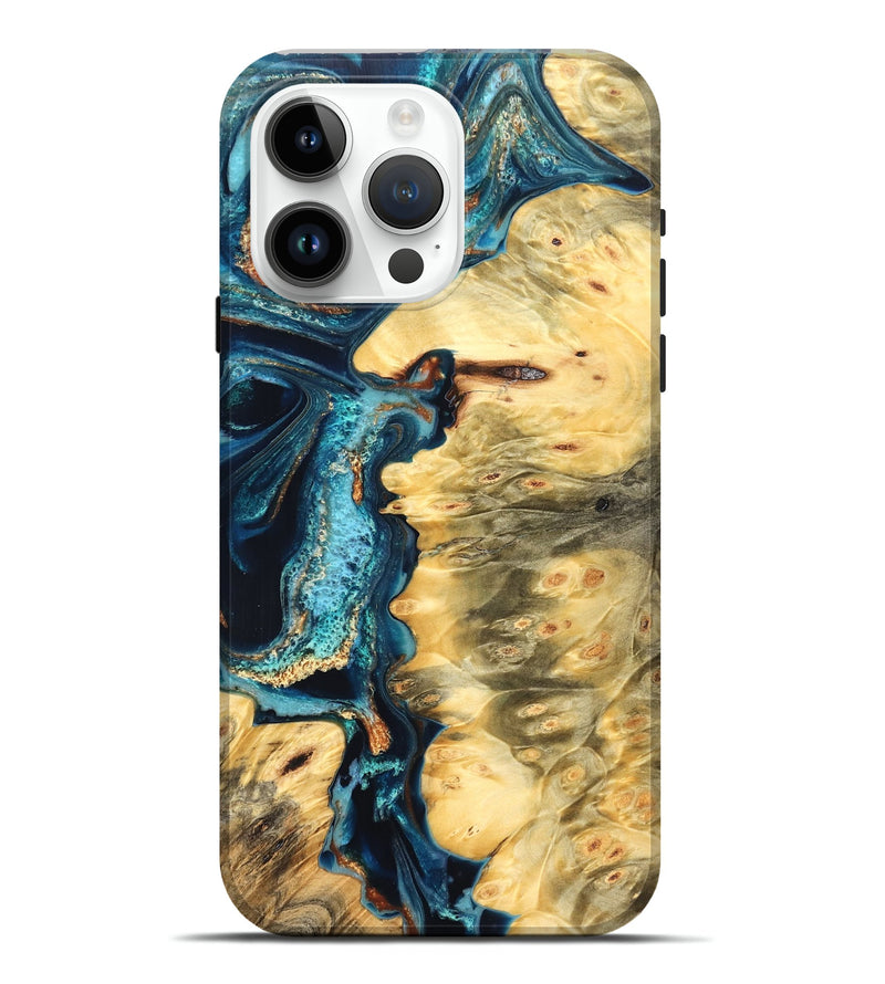 iPhone 15 Pro Max Wood Live Edge Phone Case - Zaiden (Teal & Gold, 822167)
