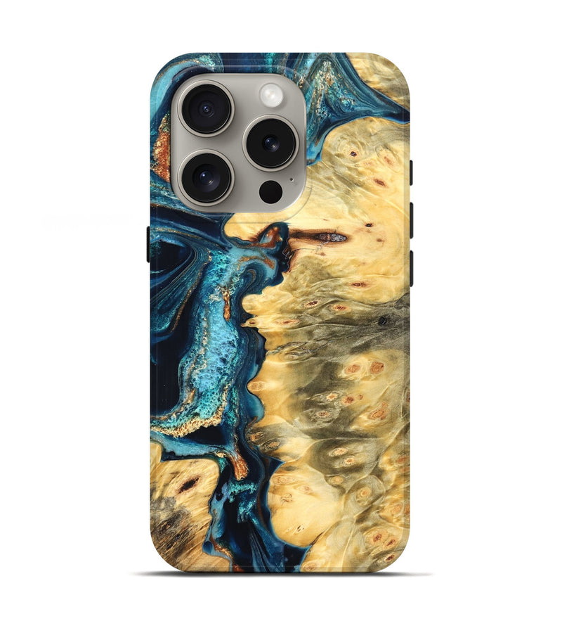 iPhone 16 Pro Wood Live Edge Phone Case - Zaiden (Teal & Gold, 822167)