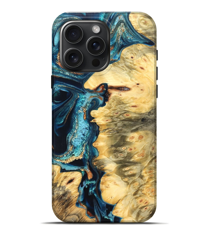 iPhone 16 Pro Max Wood Live Edge Phone Case - Zaiden (Teal & Gold, 822167)