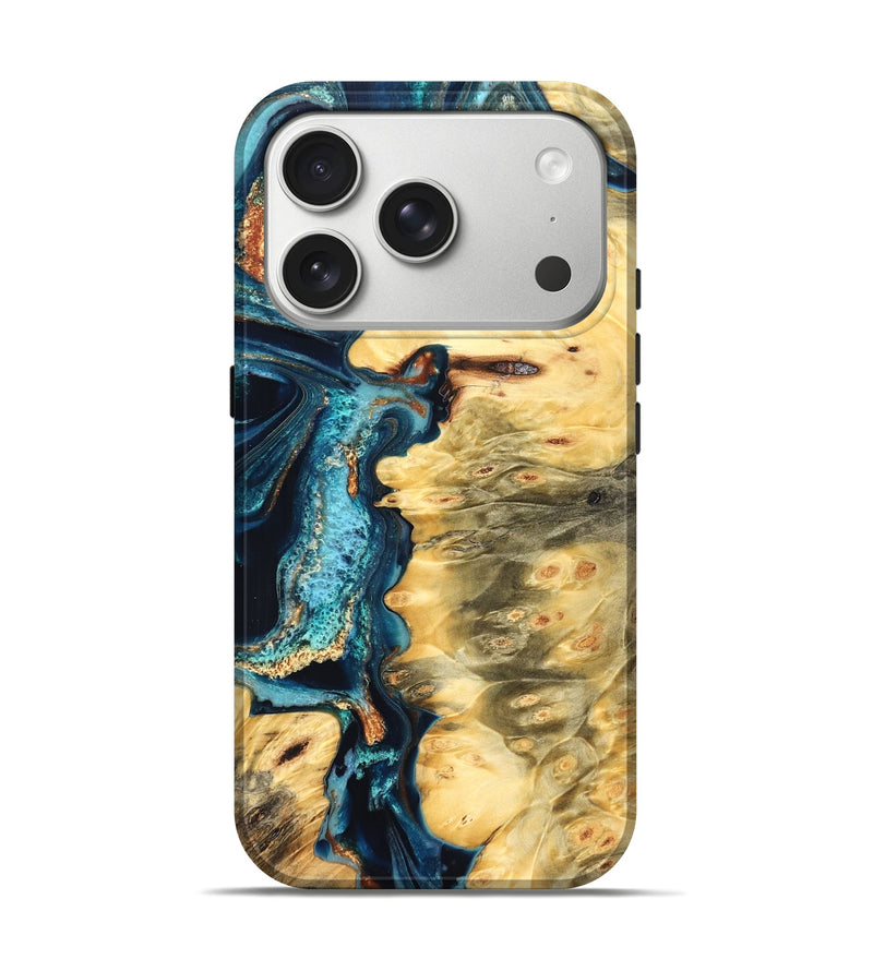 iPhone 17 Pro Wood Live Edge Phone Case - Zaiden (Teal & Gold, 822167)