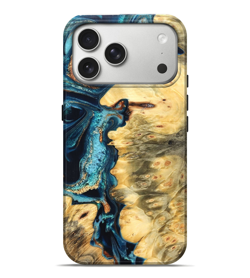 iPhone 17 Pro Max Wood Live Edge Phone Case - Zaiden (Teal & Gold, 822167)
