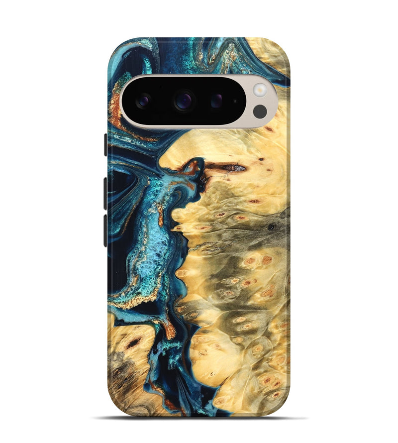 Pixel 9 Pro Wood Live Edge Phone Case - Zaiden (Teal & Gold, 822167)