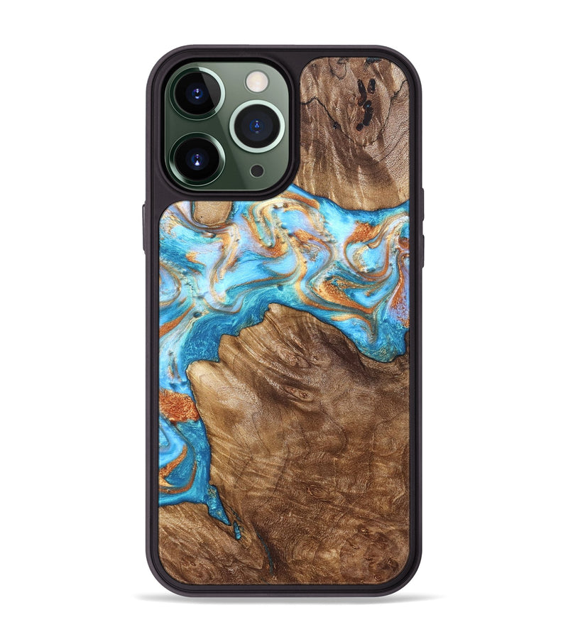 iPhone 13 Pro Max Wood Phone Case - Hanna (Teal & Gold, 822208)