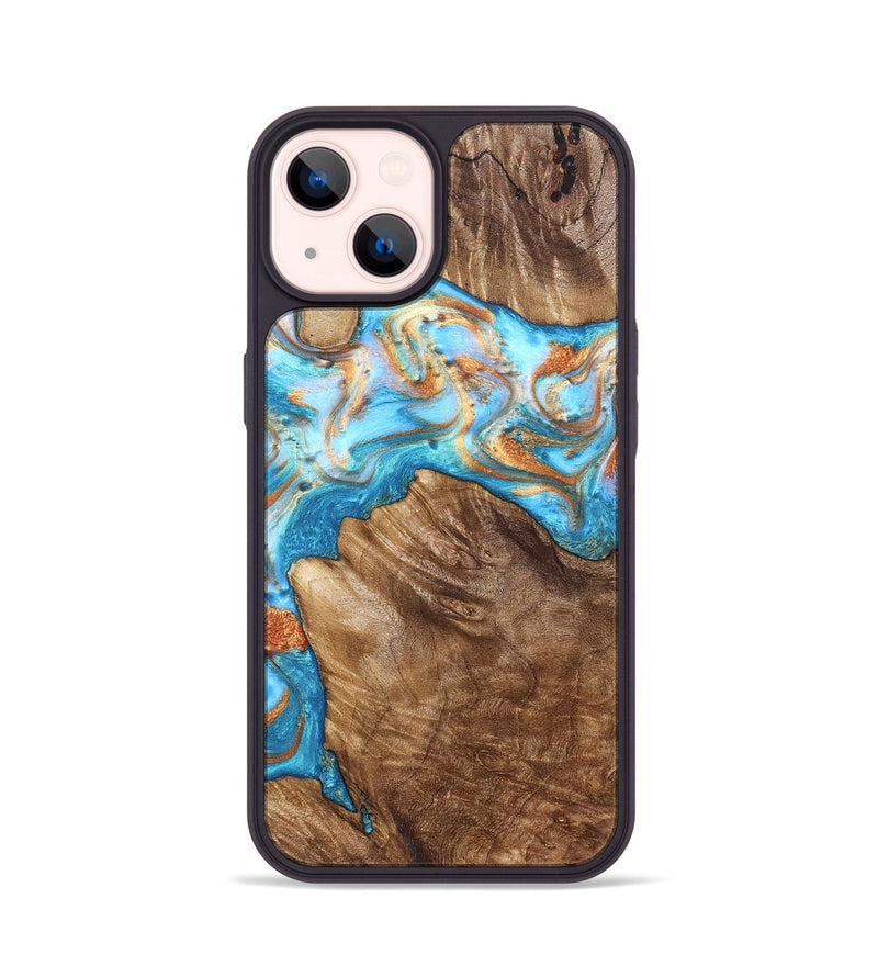 iPhone 14 Wood Phone Case - Hanna (Teal & Gold, 822208)