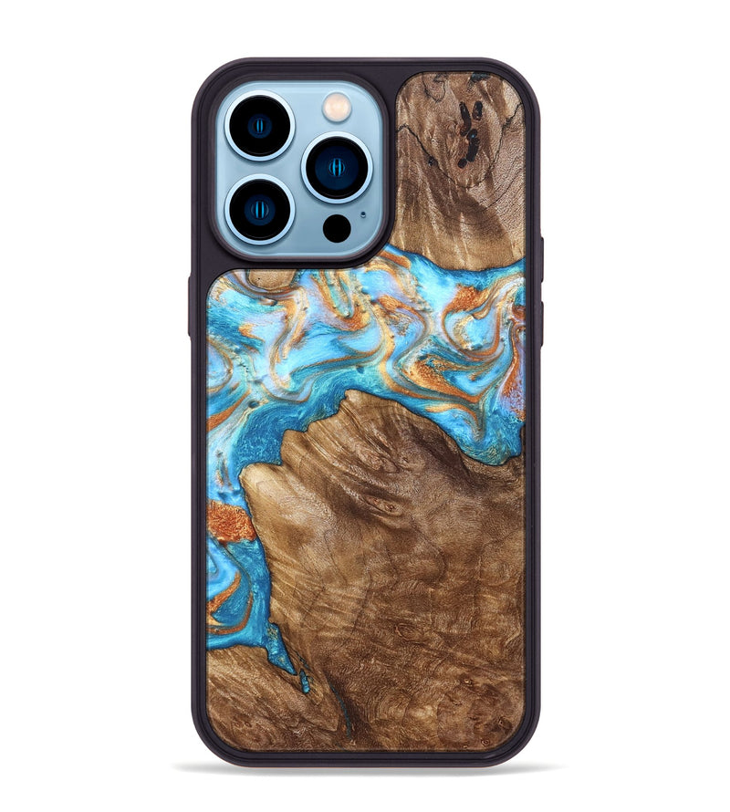 iPhone 14 Pro Max Wood Phone Case - Hanna (Teal & Gold, 822208)