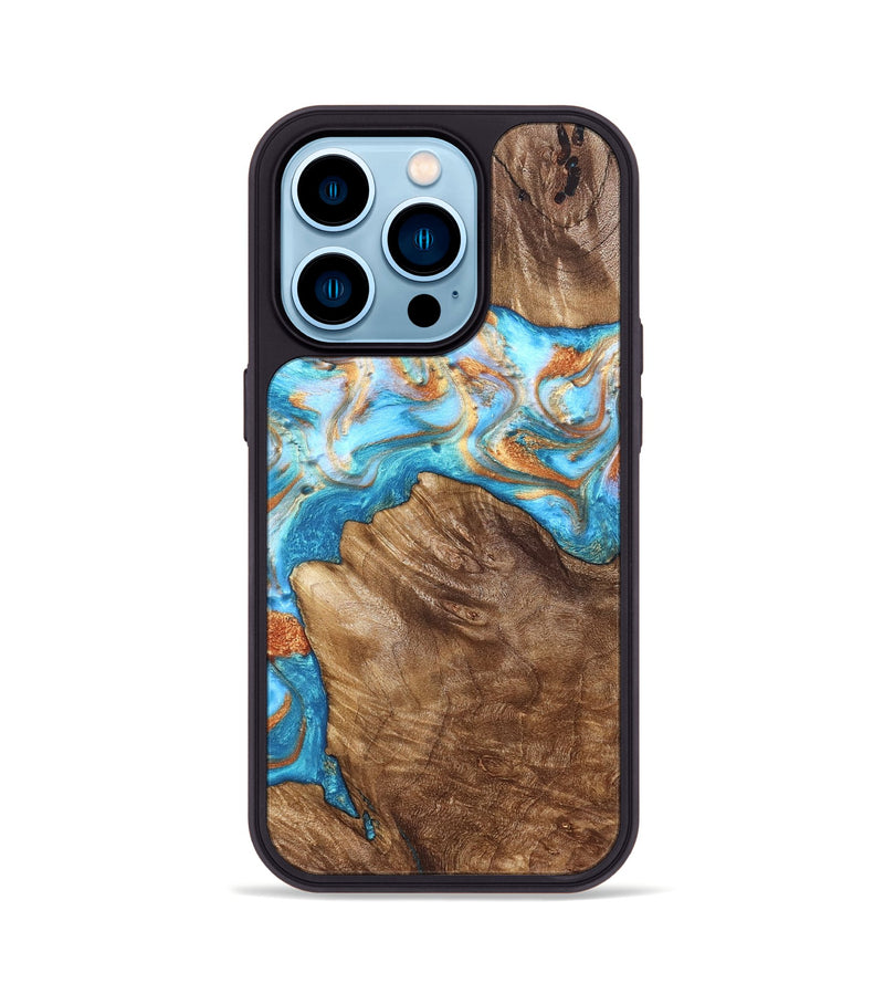 iPhone 14 Pro Wood Phone Case - Hanna (Teal & Gold, 822208)