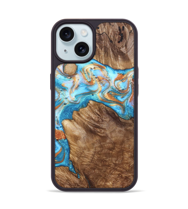iPhone 15 Wood Phone Case - Hanna (Teal & Gold, 822208)