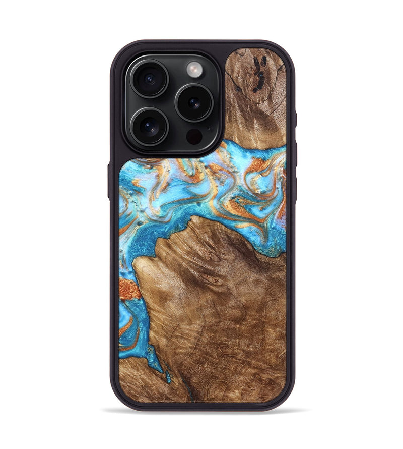 iPhone 15 Pro Wood Phone Case - Hanna (Teal & Gold, 822208)