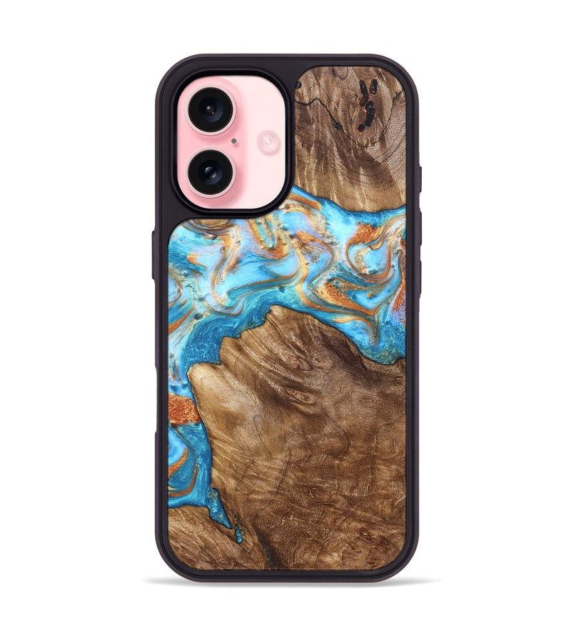iPhone 16 Wood Phone Case - Hanna (Teal & Gold, 822208)