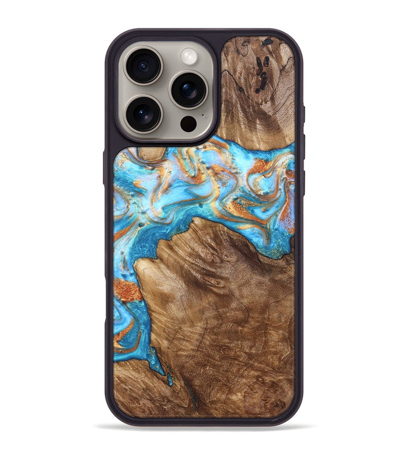 iPhone 16 Pro Max Wood Phone Case - Hanna (Teal & Gold, 822208)