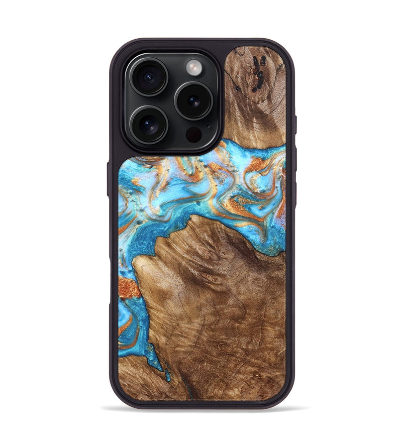 iPhone 16 Pro Wood Phone Case - Hanna (Teal & Gold, 822208)