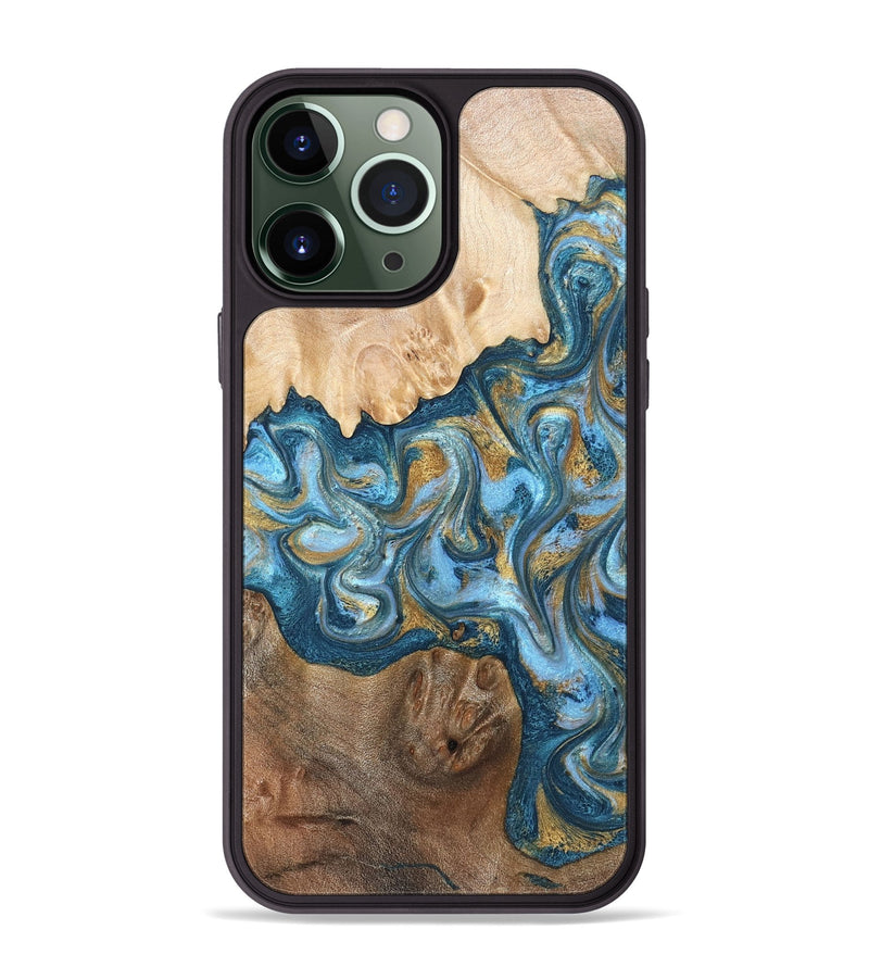 iPhone 13 Pro Max Wood Phone Case - Evie (Teal & Gold, 822209)