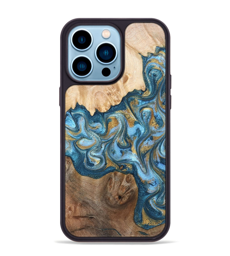 iPhone 14 Pro Max Wood Phone Case - Evie (Teal & Gold, 822209)