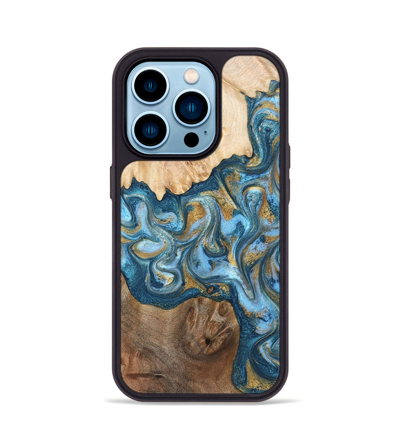 iPhone 14 Pro Wood Phone Case - Evie (Teal & Gold, 822209)