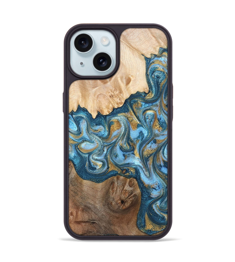 iPhone 15 Wood Phone Case - Evie (Teal & Gold, 822209)