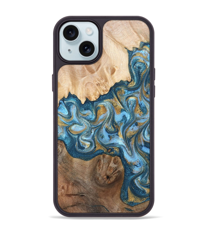 iPhone 15 Plus Wood Phone Case - Evie (Teal & Gold, 822209)