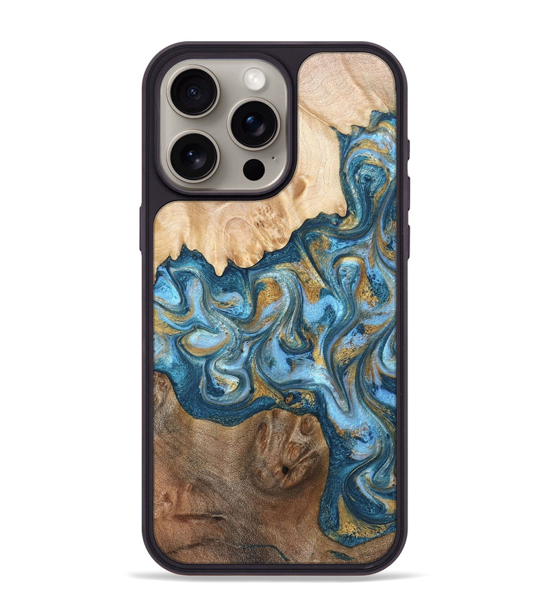 iPhone 15 Pro Max Wood Phone Case - Evie (Teal & Gold, 822209)