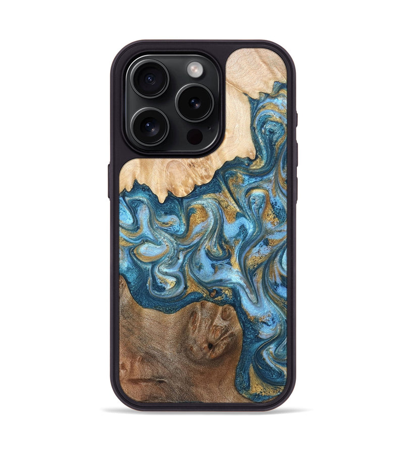 iPhone 15 Pro Wood Phone Case - Evie (Teal & Gold, 822209)