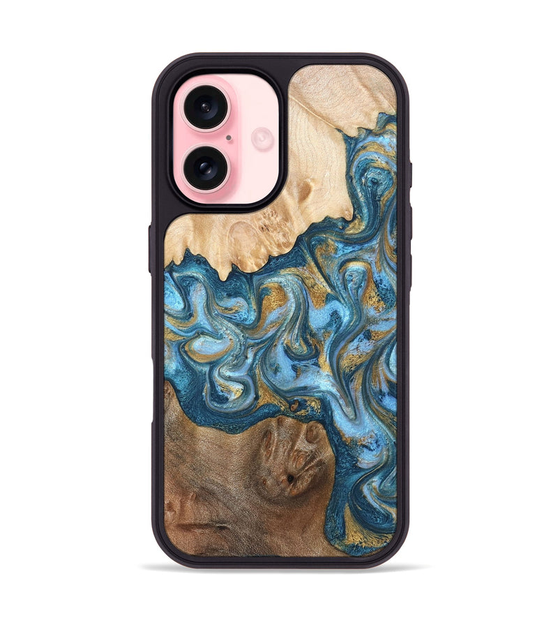 iPhone 16 Wood Phone Case - Evie (Teal & Gold, 822209)