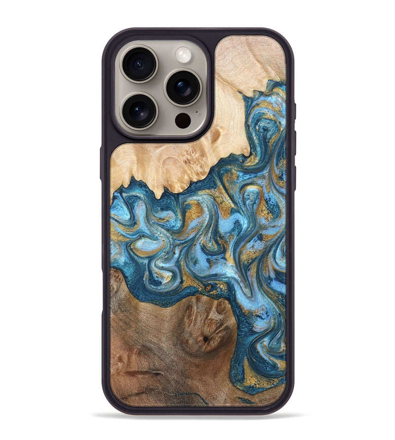 iPhone 16 Pro Max Wood Phone Case - Evie (Teal & Gold, 822209)