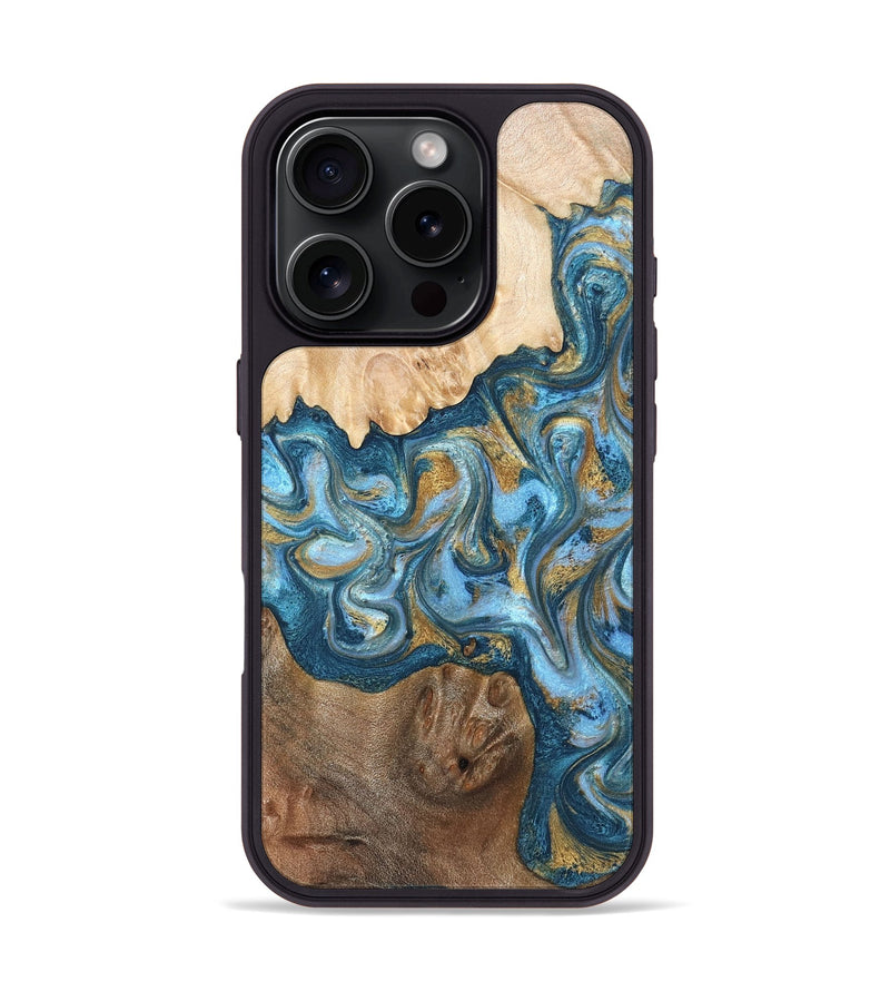 iPhone 16 Pro Wood Phone Case - Evie (Teal & Gold, 822209)