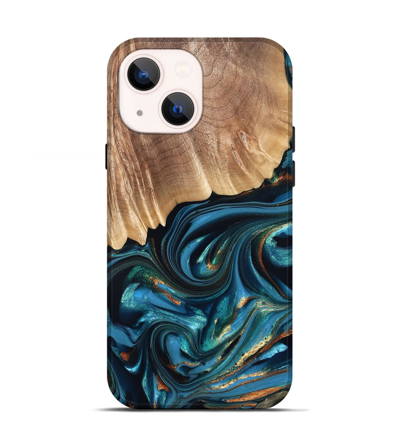 iPhone 13 Wood Live Edge Phone Case - Kenzo (Teal & Gold, 822237)