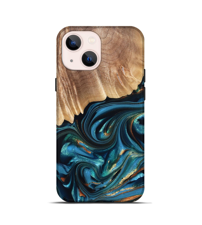 iPhone 13 mini Wood Live Edge Phone Case - Kenzo (Teal & Gold, 822237)
