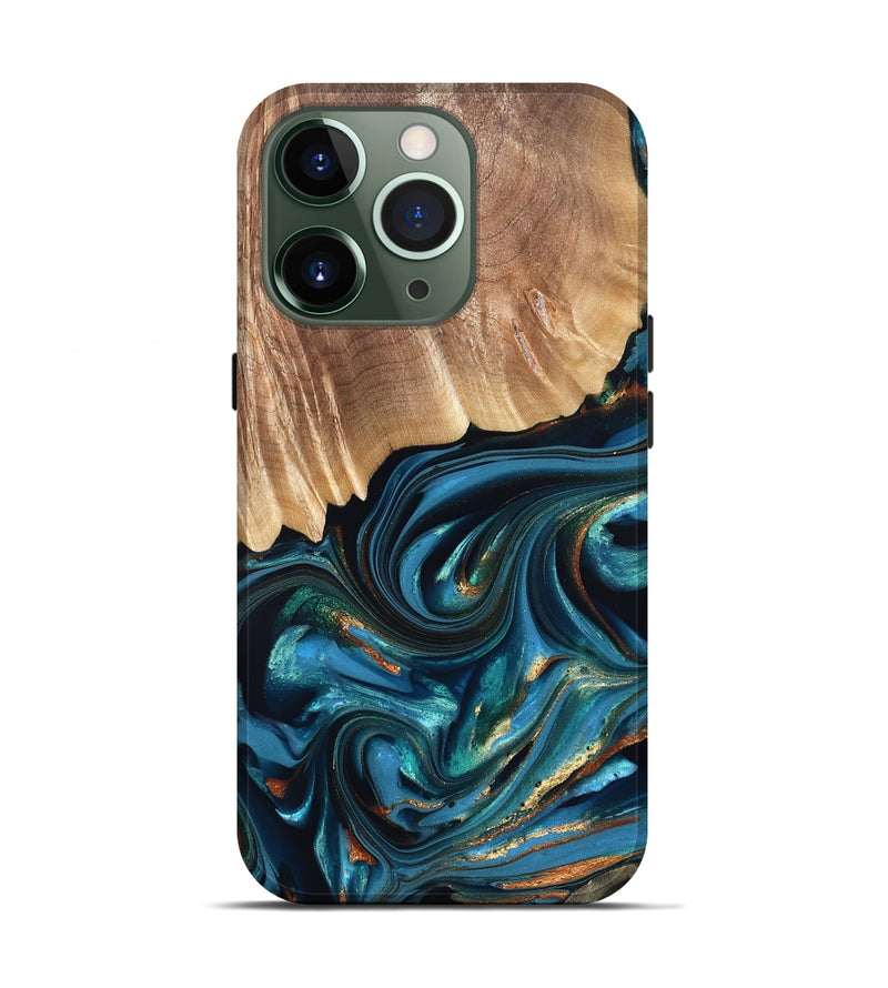 iPhone 13 Pro Wood Live Edge Phone Case - Kenzo (Teal & Gold, 822237)