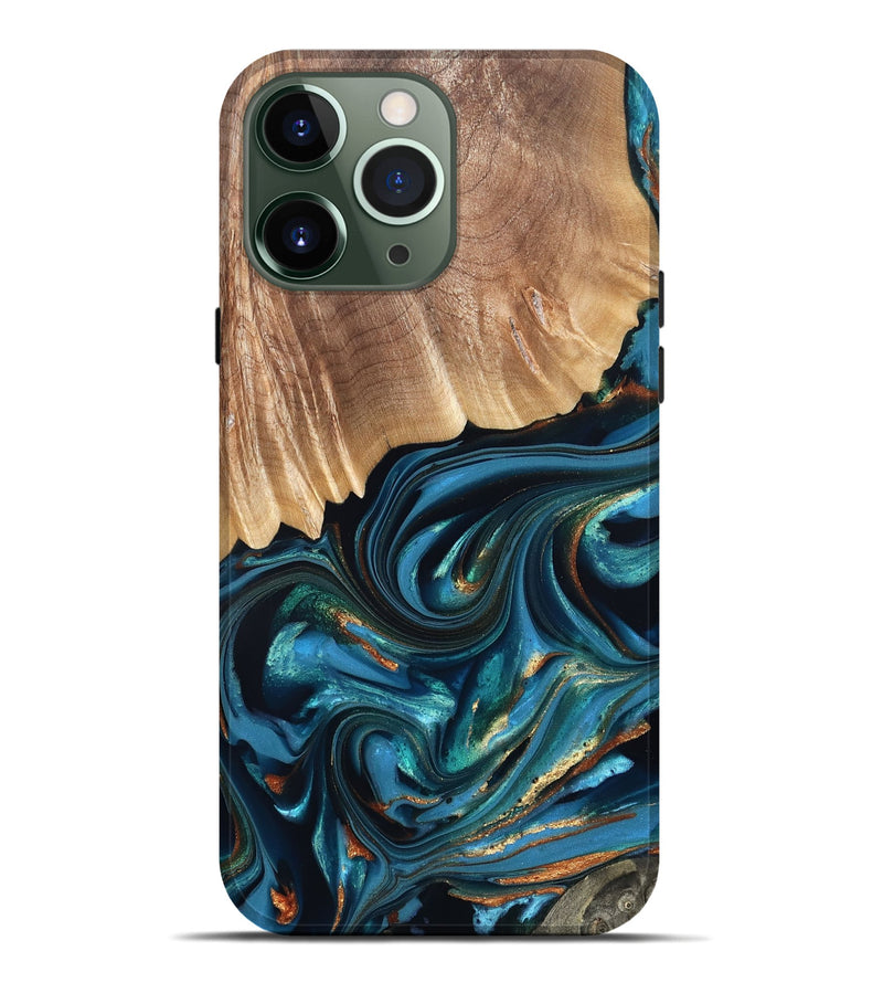 iPhone 13 Pro Max Wood Live Edge Phone Case - Kenzo (Teal & Gold, 822237)