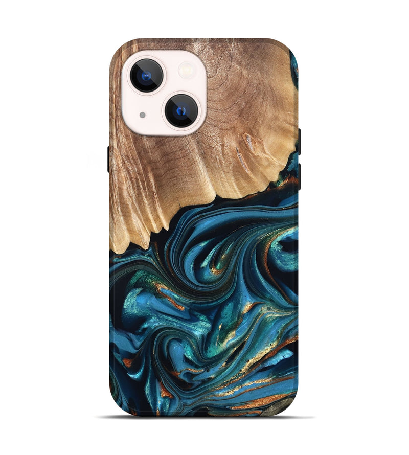 iPhone 14 Wood Live Edge Phone Case - Kenzo (Teal & Gold, 822237)
