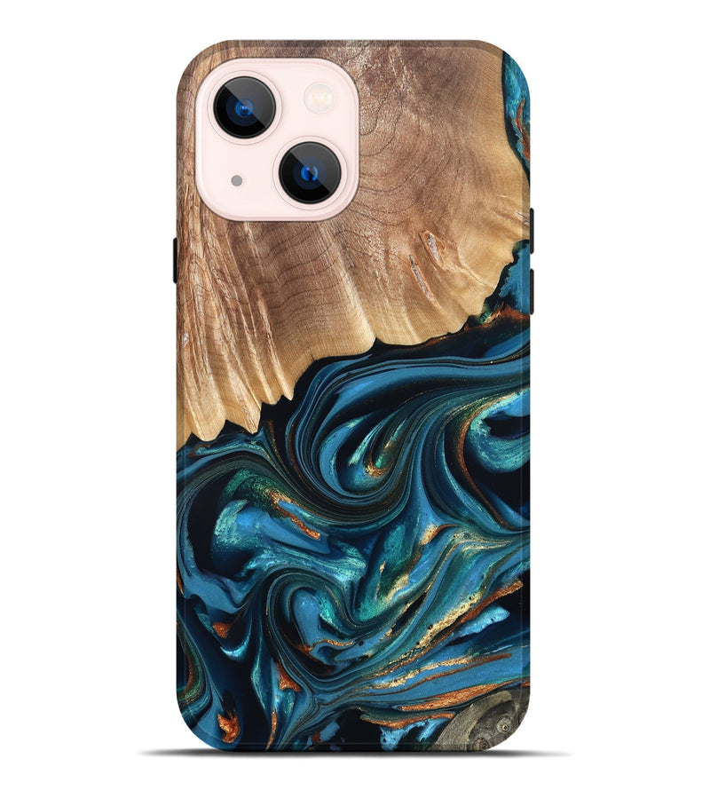 iPhone 14 Plus Wood Live Edge Phone Case - Kenzo (Teal & Gold, 822237)