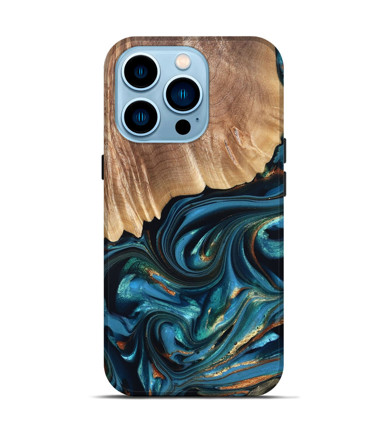 iPhone 14 Pro Wood Live Edge Phone Case - Kenzo (Teal & Gold, 822237)