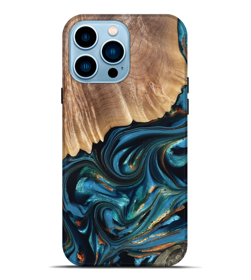 iPhone 14 Pro Max Wood Live Edge Phone Case - Kenzo (Teal & Gold, 822237)