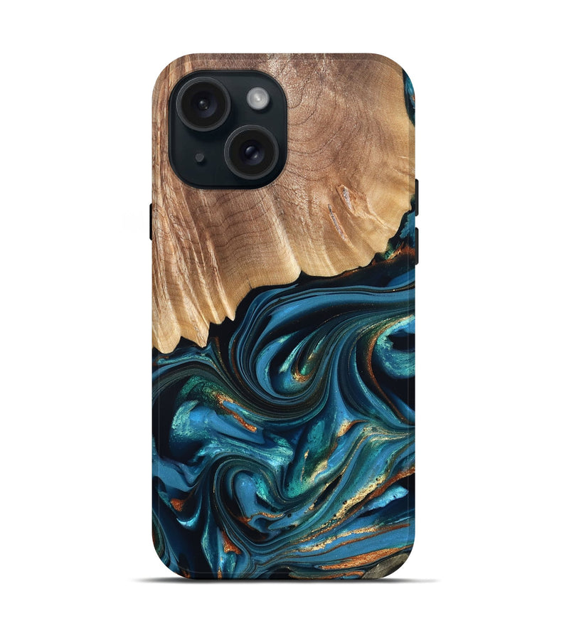 iPhone 15 Wood Live Edge Phone Case - Kenzo (Teal & Gold, 822237)