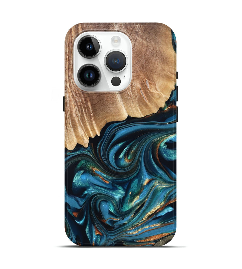 iPhone 15 Pro Wood Live Edge Phone Case - Kenzo (Teal & Gold, 822237)