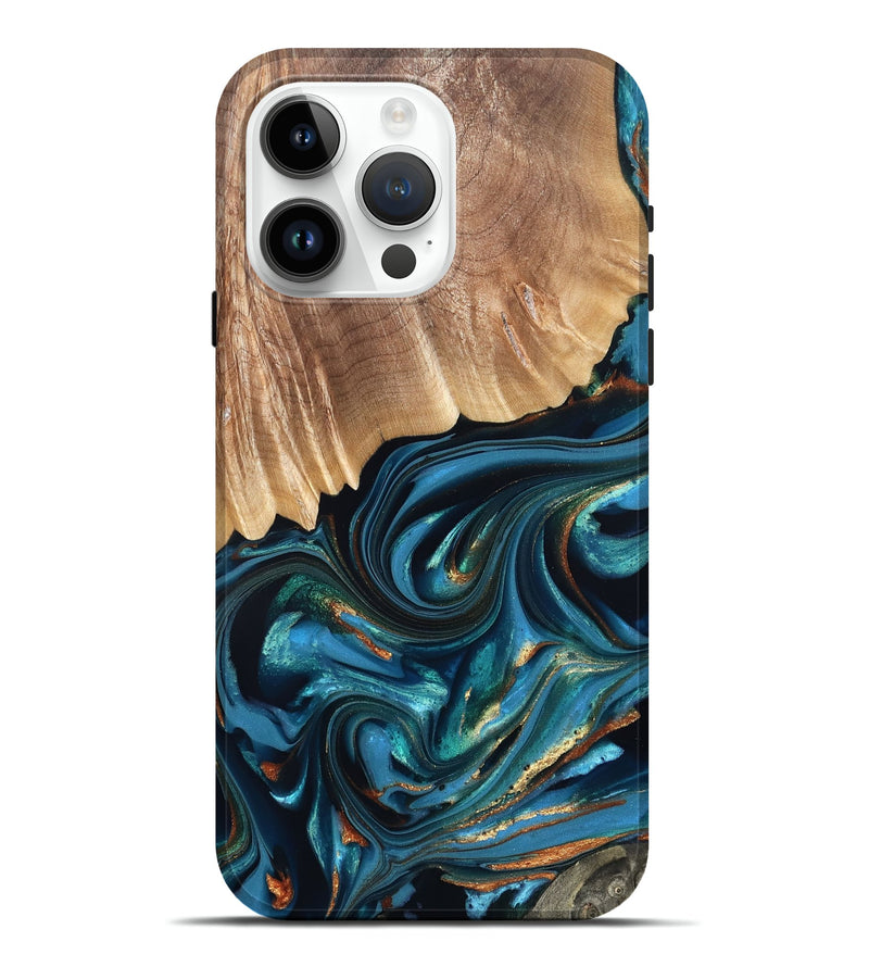 iPhone 15 Pro Max Wood Live Edge Phone Case - Kenzo (Teal & Gold, 822237)